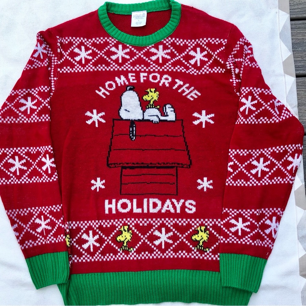 Snoopy Woodstock Ugly Christmas Sweater Peanuts Red L Home for the Holidays Red